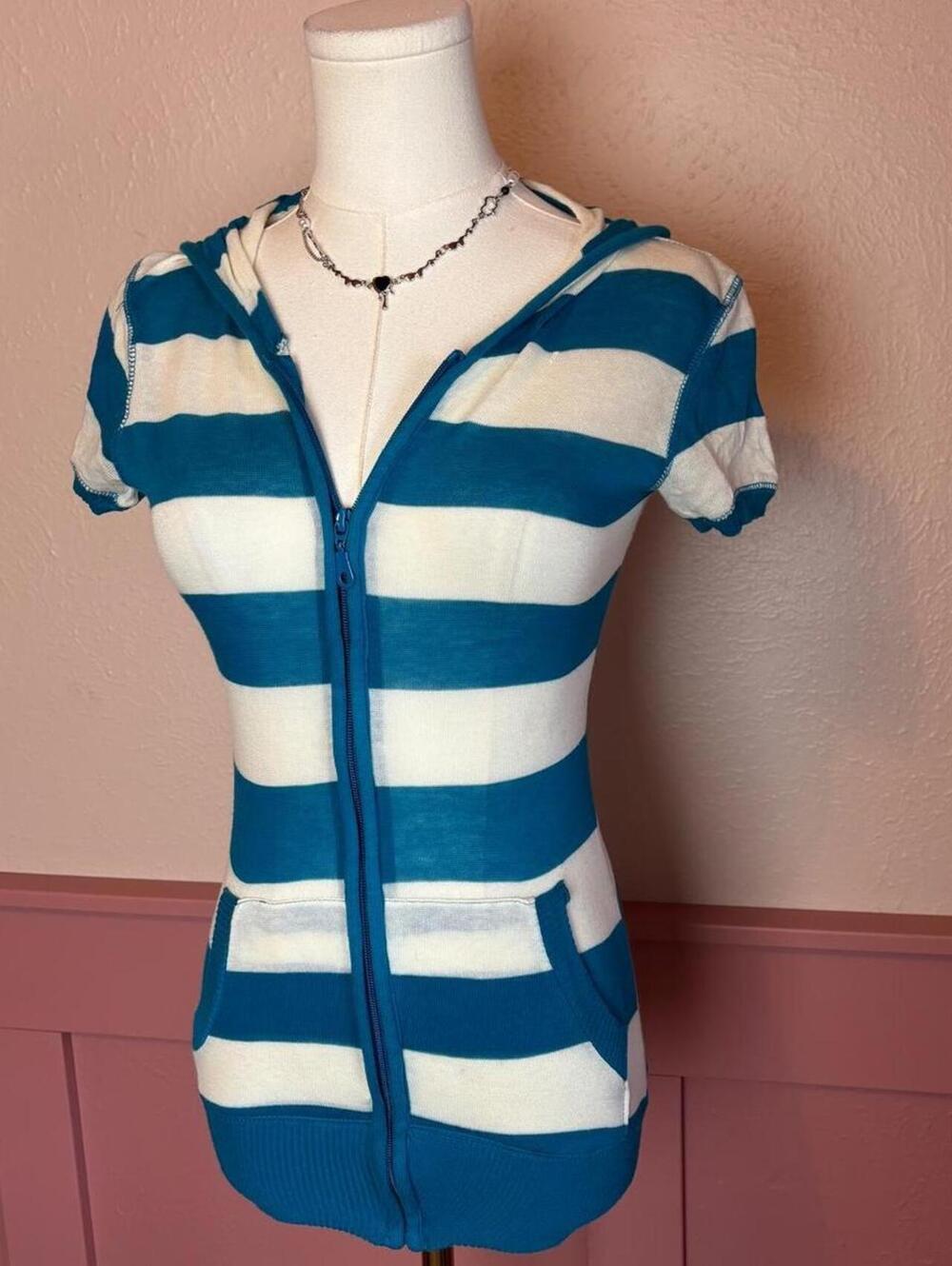 2000s y2k fitted zip up top 579 blue white stripes sz xs hooded short sleeve